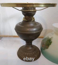 Antique Oil Lamp withCurrie & Ives Hunting Shade-Fishing & Deer Hunting 23 X 10.25