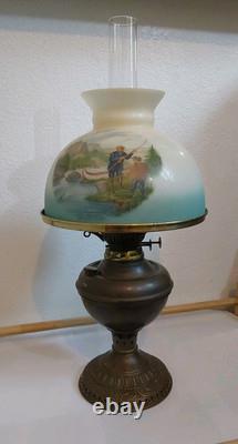 Antique Oil Lamp withCurrie & Ives Hunting Shade-Fishing & Deer Hunting 23 X 10.25