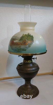 Antique Oil Lamp withCurrie & Ives Hunting Shade-Fishing & Deer Hunting 23 X 10.25