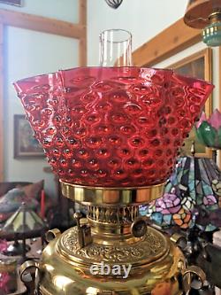 Antique Oil Lamp with Cranberry Glass Hobnail Shade Electrified