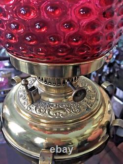 Antique Oil Lamp with Cranberry Glass Hobnail Shade Electrified