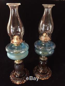 Antique Oil Lamps Blue and Amber Glass with Maltese Cross Base
