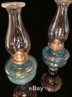 Antique Oil Lamps Blue and Amber Glass with Maltese Cross Base