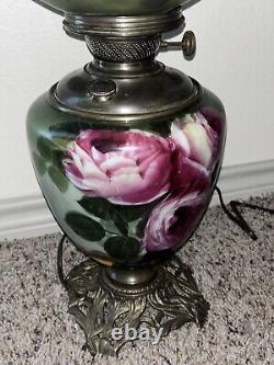Antique Oil Table Parlor Lamp Electrified flower Pattern