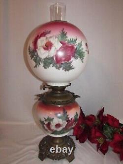 Antique Oil/kerosene Lamp Electrified Gwtw Maroon Ball Shade Hand Painted 25
