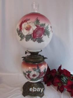 Antique Oil/kerosene Lamp Electrified Gwtw Maroon Ball Shade Hand Painted 25