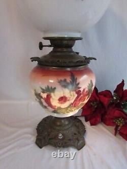 Antique Oil/kerosene Lamp Electrified Gwtw Maroon Ball Shade Hand Painted 25