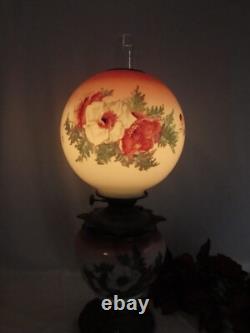 Antique Oil/kerosene Lamp Electrified Gwtw Maroon Ball Shade Hand Painted 25