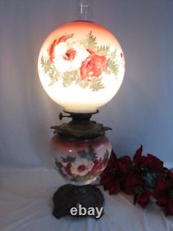 Antique Oil/kerosene Lamp Electrified Gwtw Maroon Ball Shade Hand Painted 25