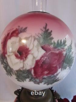 Antique Oil/kerosene Lamp Electrified Gwtw Maroon Ball Shade Hand Painted 25