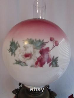 Antique Oil/kerosene Lamp Electrified Gwtw Maroon Ball Shade Hand Painted 25