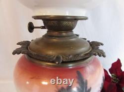 Antique Oil/kerosene Lamp Electrified Gwtw Maroon Ball Shade Hand Painted 25