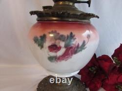 Antique Oil/kerosene Lamp Electrified Gwtw Maroon Ball Shade Hand Painted 25
