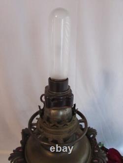 Antique Oil/kerosene Lamp Electrified Gwtw Maroon Ball Shade Hand Painted 25