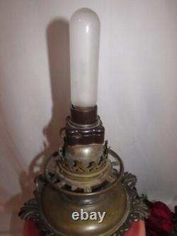 Antique Oil/kerosene Lamp Electrified Gwtw Maroon Ball Shade Hand Painted 25