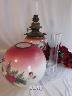 Antique Oil/kerosene Lamp Electrified Gwtw Maroon Ball Shade Hand Painted 25