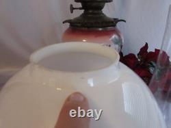 Antique Oil/kerosene Lamp Electrified Gwtw Maroon Ball Shade Hand Painted 25