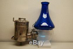 Antique Old Arts Crafts Art Nouveau Deco Cobalt Glass Oil Kerosene Angle Lamp