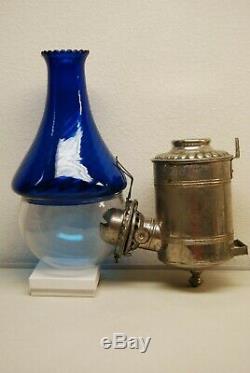 Antique Old Arts Crafts Art Nouveau Deco Cobalt Glass Oil Kerosene Angle Lamp