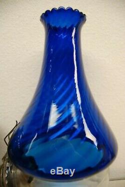 Antique Old Arts Crafts Art Nouveau Deco Cobalt Glass Oil Kerosene Angle Lamp