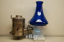 Antique Old Arts Crafts Art Nouveau Deco Cobalt Glass Oil Kerosene Angle Lamp