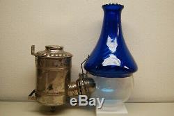 Antique Old Arts Crafts Art Nouveau Deco Cobalt Glass Oil Kerosene Angle Lamp