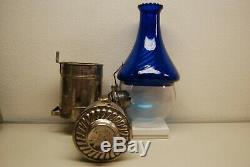 Antique Old Arts Crafts Art Nouveau Deco Cobalt Glass Oil Kerosene Angle Lamp