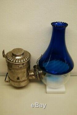 Antique Old Arts Crafts Art Nouveau Deco Cobalt Glass Oil Kerosene Angle Lamp