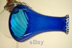 Antique Old Arts Crafts Art Nouveau Deco Cobalt Glass Oil Kerosene Angle Lamp