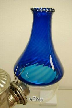 Antique Old Arts Crafts Art Nouveau Deco Cobalt Glass Oil Kerosene Angle Lamp