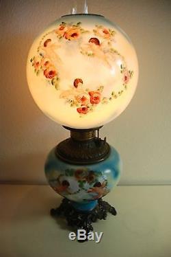 Antique Old Kerosene Oil Gwtw Cherub Roses Banquet Parlor Victorian Vintage Lamp