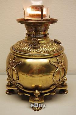 Antique Old Oil Kerosene Gwtw Pink Cased Glass Lion Shade Banquet Victorian Lamp