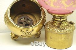 Antique Old Oil Kerosene Gwtw Pink Cased Glass Lion Shade Banquet Victorian Lamp