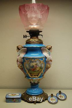 Antique Old Sevres French Porcelain Figural Lamp Oil Kerosene Cigarette Set