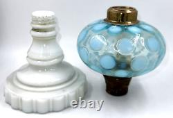 Antique Opalescent Blue Coin Spot Kerosene / Oil Stand Lamp 2 Pc Screw On Top