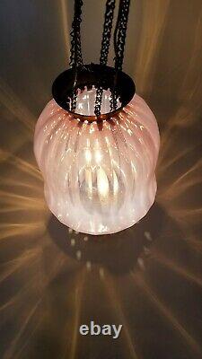 Antique Opalescent Pink Hanging Pulley Electrified Oil Hall Lamp Pendant Light