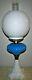 Antique Opaline Blue Glass GWTW Oil Lamp Electrified with White Ball Shade & Base