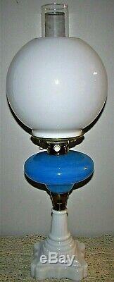 Antique Opaline Blue Glass GWTW Oil Lamp Electrified with White Ball Shade & Base