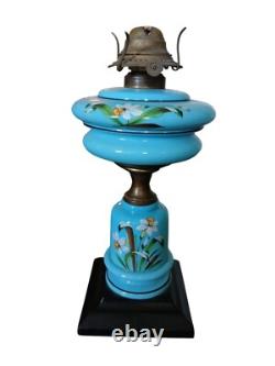 Antique Opaline Blue Glass Oil Lamp Hand-Painted Floral Design & Metal Burner