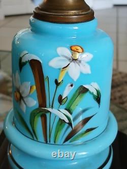 Antique Opaline Blue Glass Oil Lamp Hand-Painted Floral Design & Metal Burner