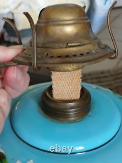 Antique Opaline Blue Glass Oil Lamp Hand-Painted Floral Design & Metal Burner