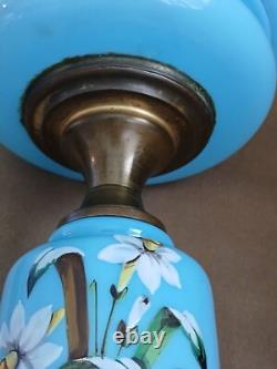Antique Opaline Blue Glass Oil Lamp Hand-Painted Floral Design & Metal Burner