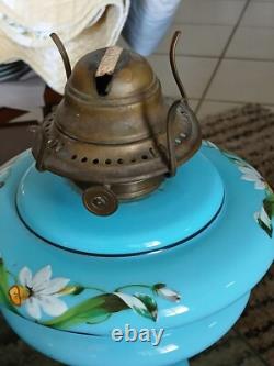 Antique Opaline Blue Glass Oil Lamp Hand-Painted Floral Design & Metal Burner