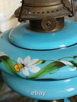 Antique Opaline Blue Glass Oil Lamp Hand-Painted Floral Design & Metal Burner