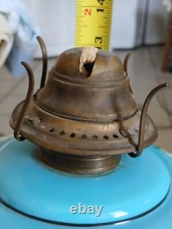 Antique Opaline Blue Glass Oil Lamp Hand-Painted Floral Design & Metal Burner