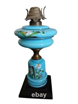 Antique Opaline Blue Glass Oil Lamp Hand-Painted Floral Design & Metal Burner