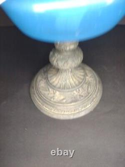 Antique Opaline Blue Satin Type Glass Oil Lamp Fount Font Wein 10
