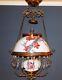 Antique Opaline Glass CHERRY BLOSSOMS Pull Down HANGING LIBRARY OIL LAMP -Works