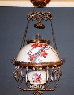 Antique Opaline Glass CHERRY BLOSSOMS Pull Down HANGING LIBRARY OIL LAMP -Works
