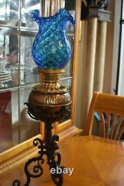 Antique Original Cobalt Blue Fenton Kerosene Oil Lamp, Excellent